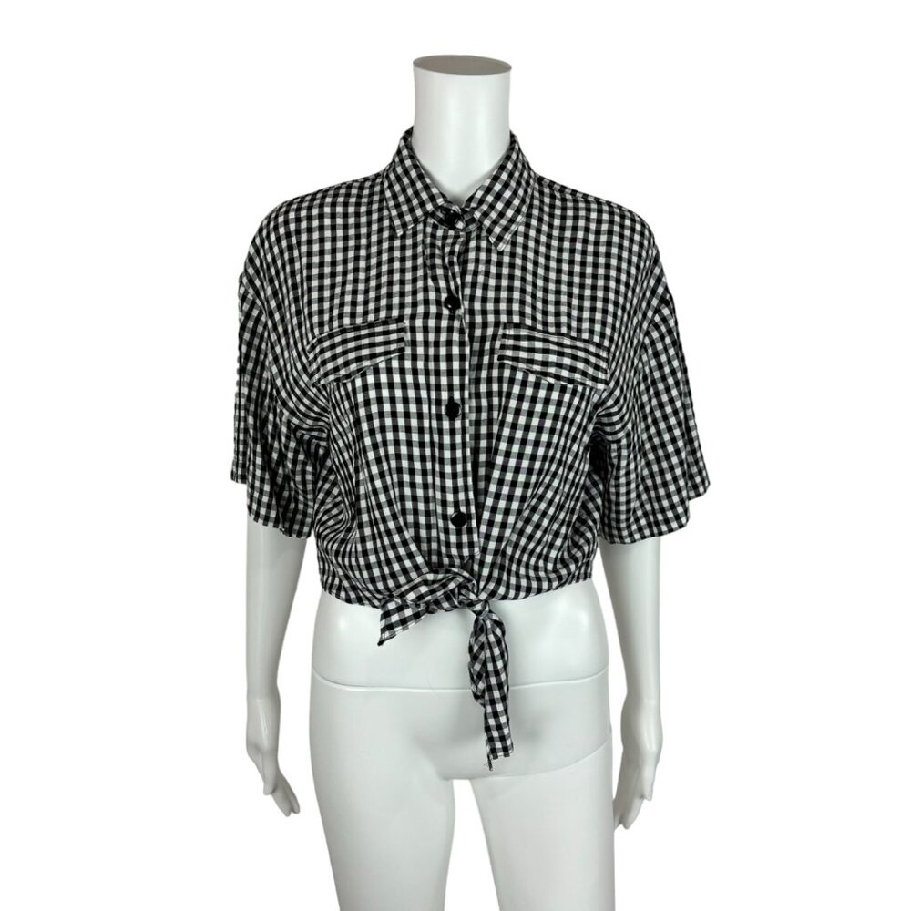 Vintage 90s Checkered Top Women's Medium Cropped Black White Tie Waist Blouse